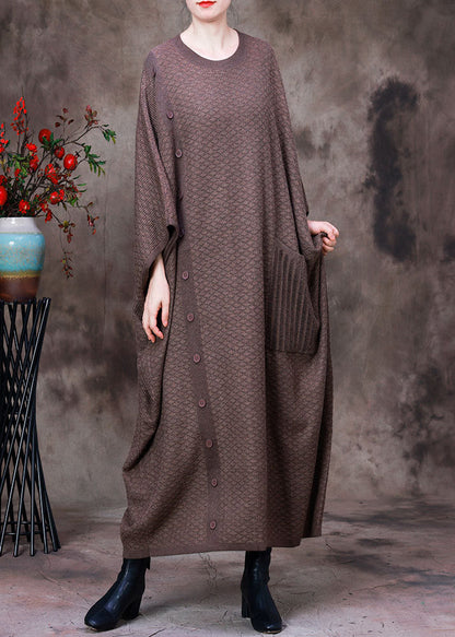Light Chocolate O-neck Button Pockets Cashmere Maxi Dress Long Sleeve