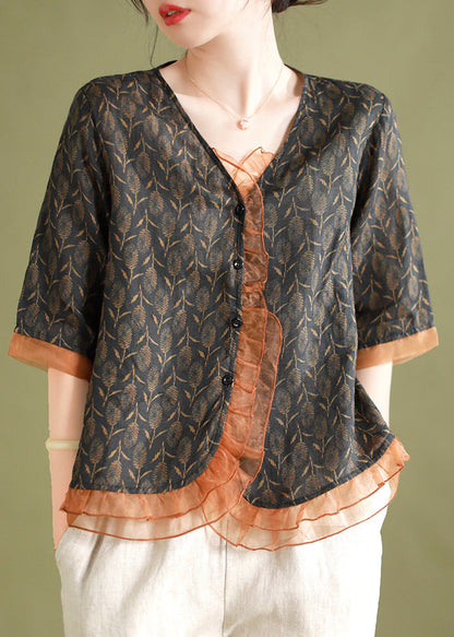 Green V Neck Print Patchwork Linen Shirts Summer