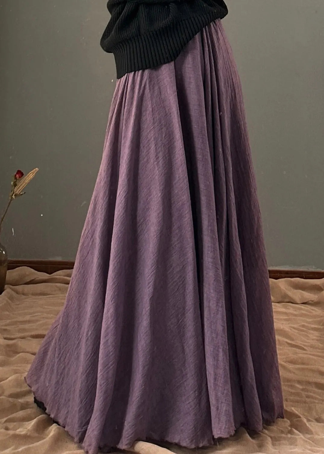 Unique Purple Elastic Waist Exra Large Hem Cotton Skirt Fall