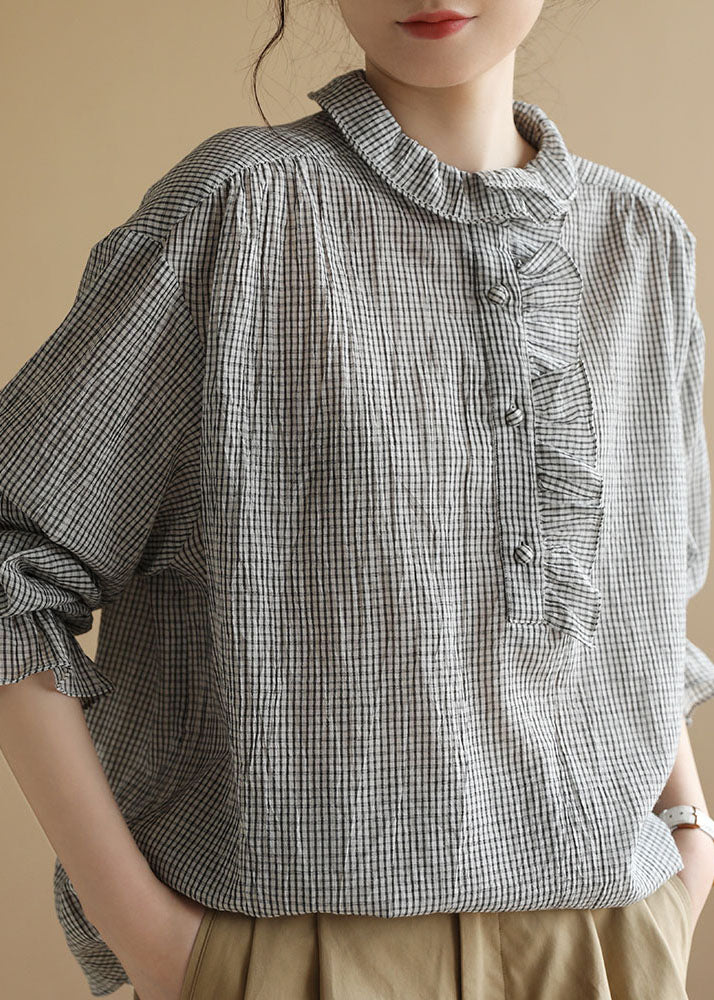 Black White Peter Pan Collar Ruffled Plaid Cotton Shirt Top Long Sleeve