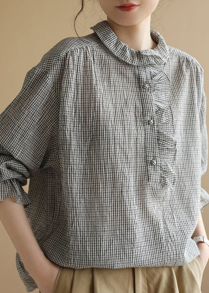 Black White Peter Pan Collar Ruffled Plaid Cotton Shirt Top Long Sleeve