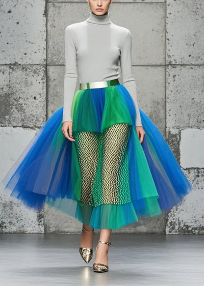 Colorblock Hollow Out Patchwork Tulle Skirts Summer