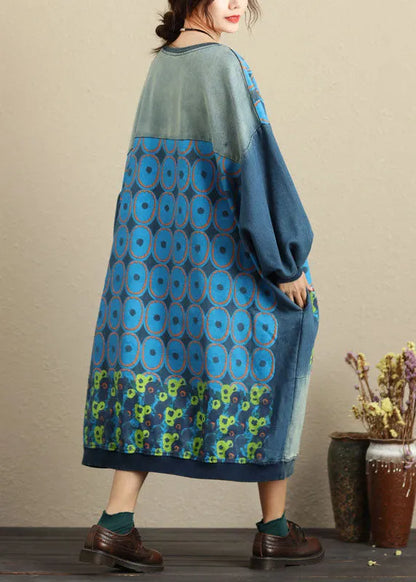 Fine Blue Pockets Print Patchwork Loose Jumpsuit Spring
