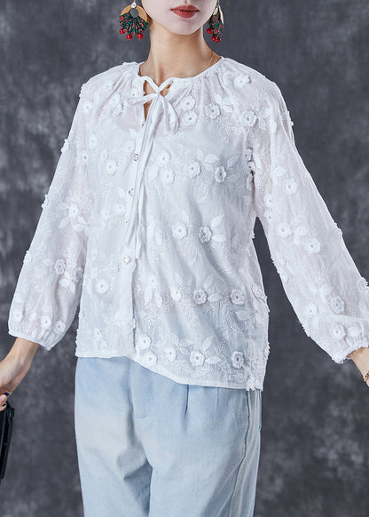 White Embroideried Lace Up Cotton Tops Fall