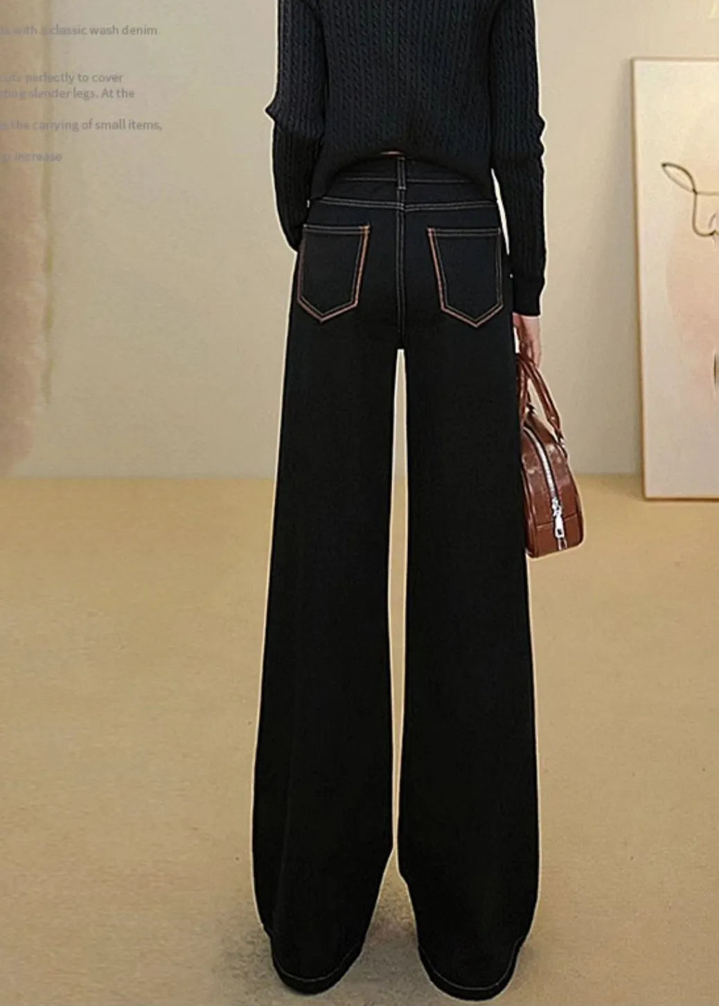 Simple Black Oversized Patchwork Denim Wide Leg Pants Fall