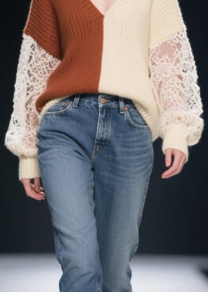 Colorblock Patchwork Lace Knit Pullover Asymmetrical Design Fall