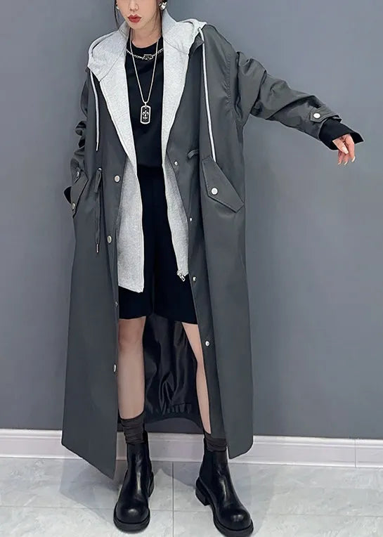 Boutique Black Pockets Hooded False Two Pieces Patchwork Trench Coat Fall