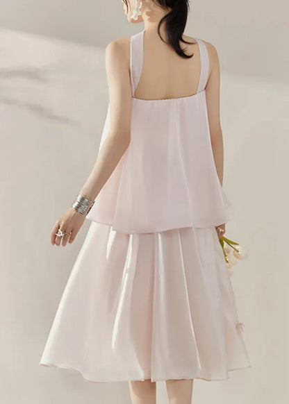 French Pink Patchwork Topand Maxi Skirts Two Piece Set Sleeveless