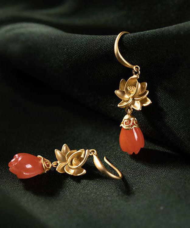 Gold Sterling Silver Overgild Agate Magnolia Flower Drop Earrings