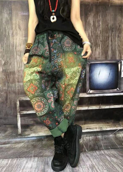 Autumn New Green Print Denim Harlan Pants