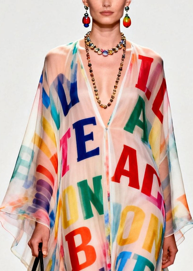 Oversized Letter Print Exra Large Hem Chiffon Beach Dress Summer