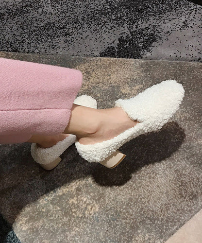 Beige Teddy Chunky Heel Fuzzy Wool Lined Penny Loafers