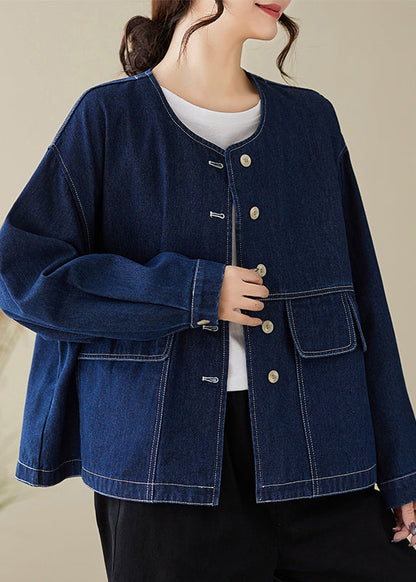 Blue O Neck Button Denim Coats Spring
