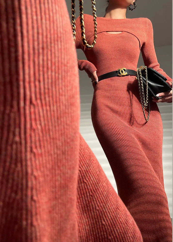 Slim Fit Red O-neck Asymmetrical Wraped Knit Sweater Long Dress Long Sleeve