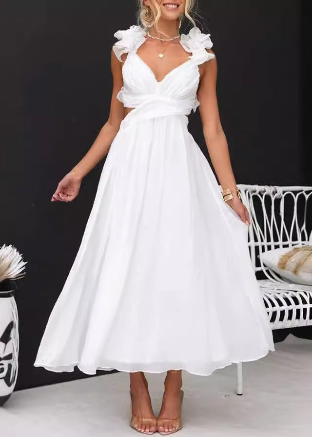 White Wrinkled Cotton Long Dresses Summer