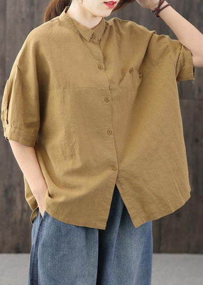 Yellow Peter Pan Collar Asymmetrical Design Cotton Linen Shirts Summer