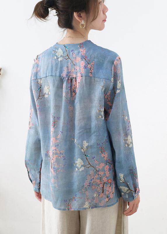 French Grey Blue Print Button Linen Shirt Top Long Sleeve