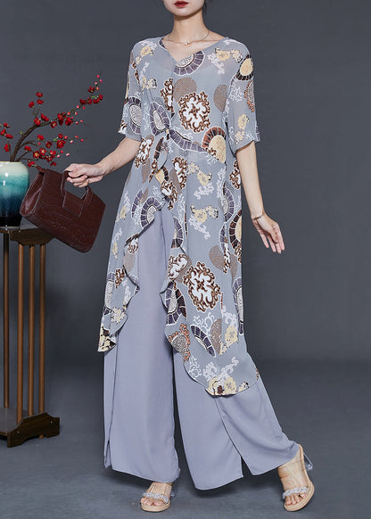 Handmade Grey Ruffled Print Chiffon Two Pieces Set Summer