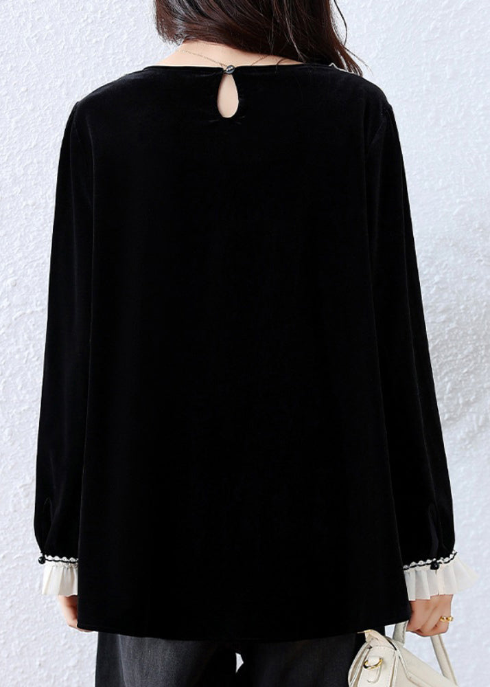 Black Patchwork Silk Velour T Shirt Fall