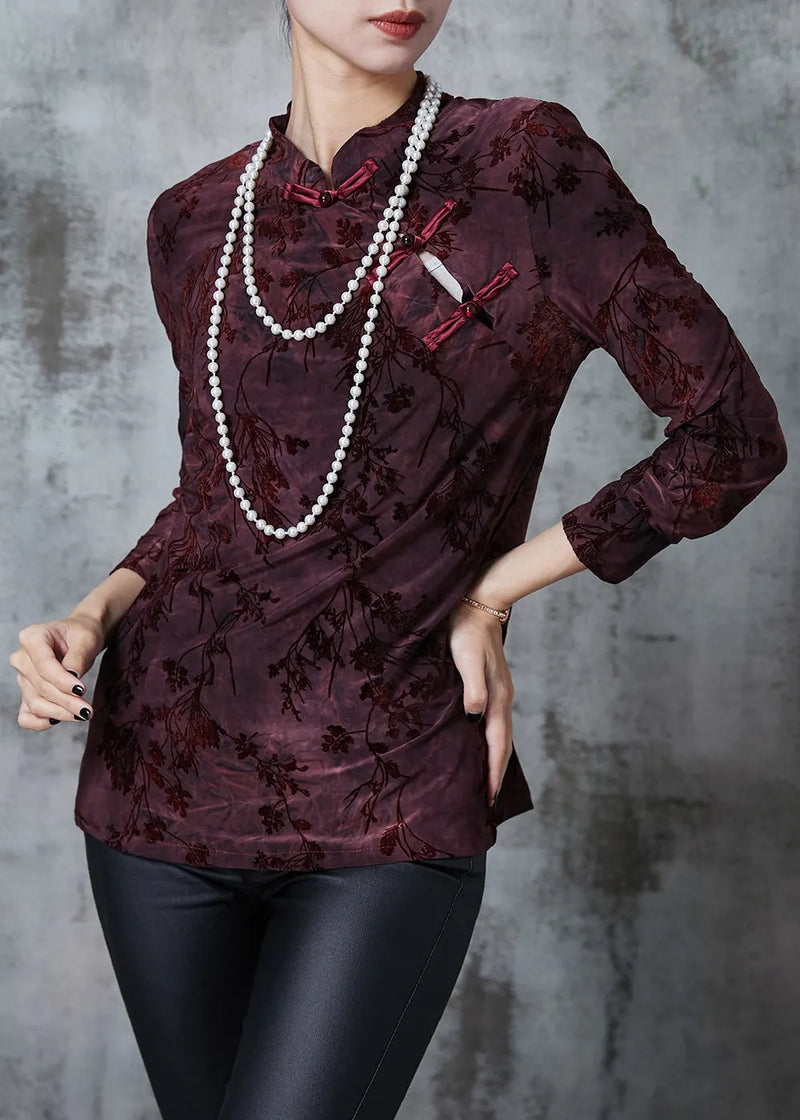 Dull Purple Mandarin Collar Jacquard Velour Oriental Tops Fall