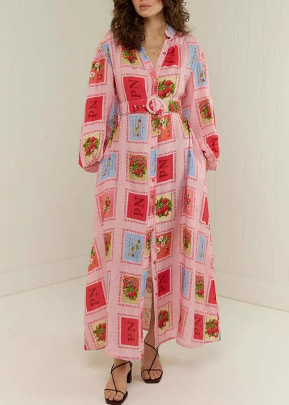 Red Stand Collar Print Slim Maxi Dresses Fall