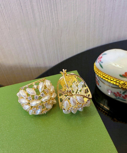 Gold Copper Zircon Pearl Flower Basket Hoop Earrings