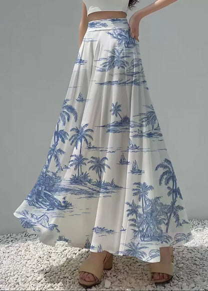 Style White Print Exra Large Hem Chiffon Skirt Summer