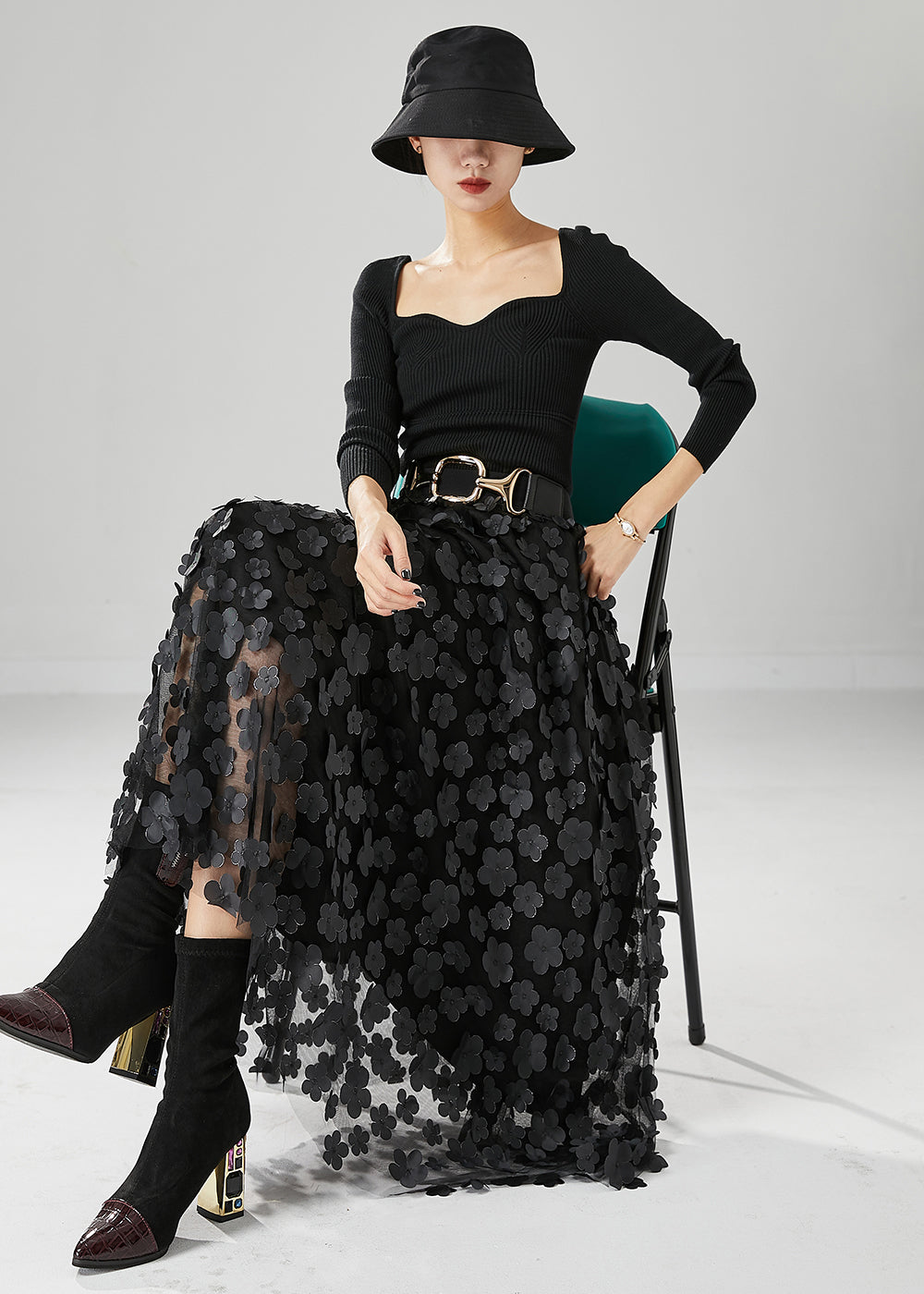 Handmade Black Appliqued Tulle a Line Skirts Fall