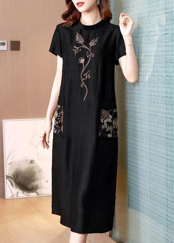 Black Stand Collar Embroideried Pockets Silk Dresses Summer