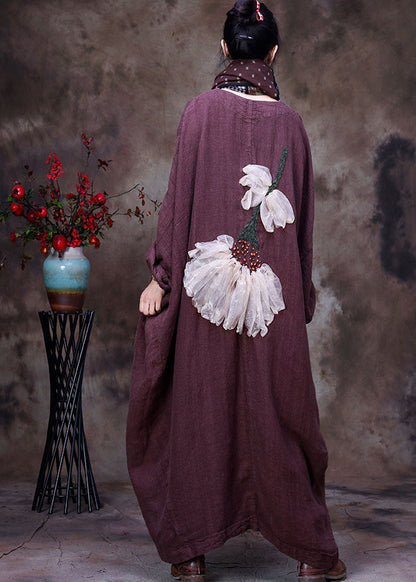 Chocolate Linen Trench Coat V Neck Handmade Long Sleeve Fall