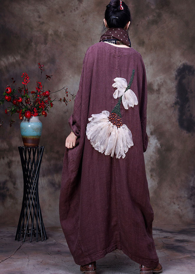 Chocolate Linen Trench Coat V Neck Handmade Long Sleeve Fall
