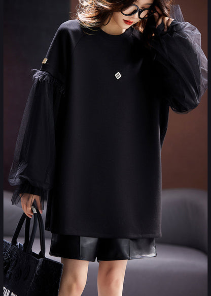 Black O Neck Tulle Patchwork Cotton Sweatshirts Top Fall