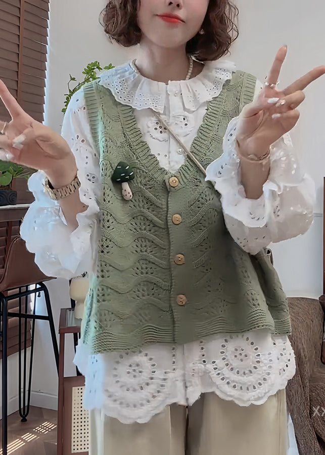 French Handmade White Puff Sleeve Hollow Out Cotton to