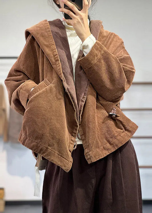 Chocolate Hooded Oversized Pockets Corduroy Coat Spring