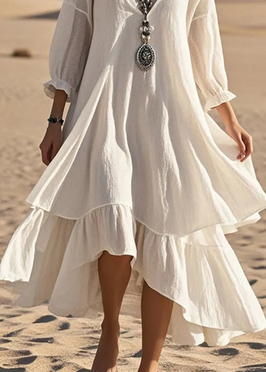 White Oversized Patchwork Cotton Maxi Dresses Bracelet Sleeve Summer