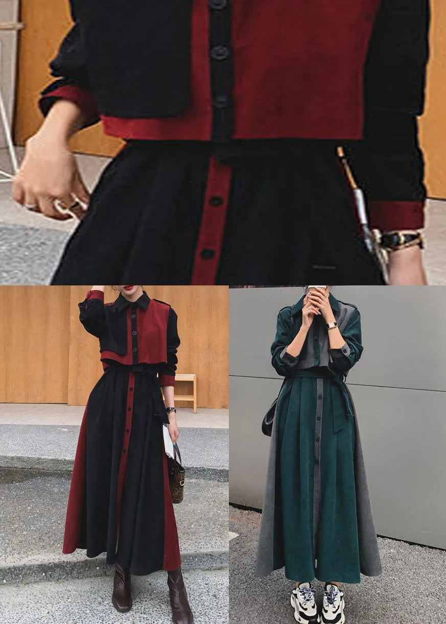 Blackish Green Patchwork Tie Waist Velour Sets 2 Pieces Fall