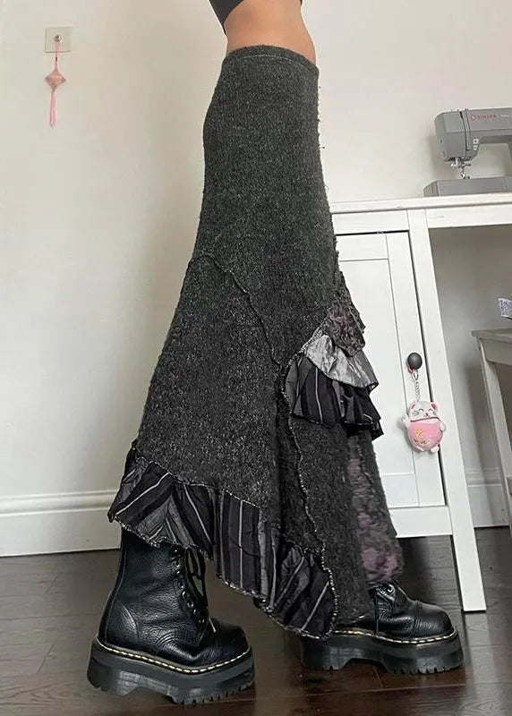 Original Grey Asymmetrical Ruffled Patchwork Cotton Skirts Summer