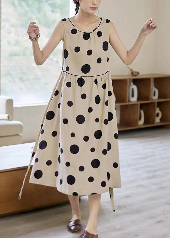 Khaki Dot Pockets Tie Waist Cotton Long Dress Sleeveless Summer