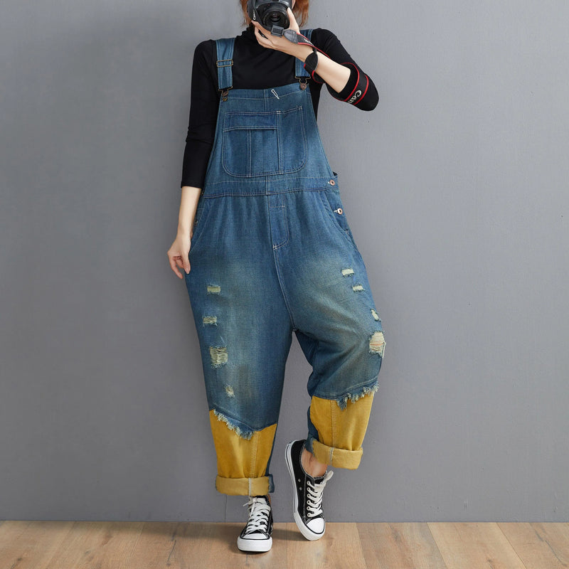 Style Denim Blue Pant Spring Hole Jumpsuit Pants