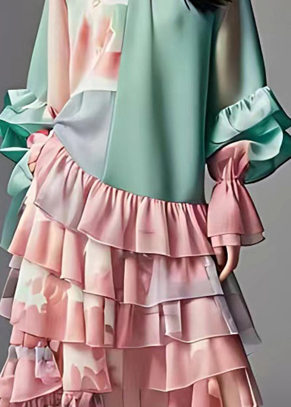 Natural Green O-neck Wrinkled Chiffon Long Cake Dress Long Sleeve