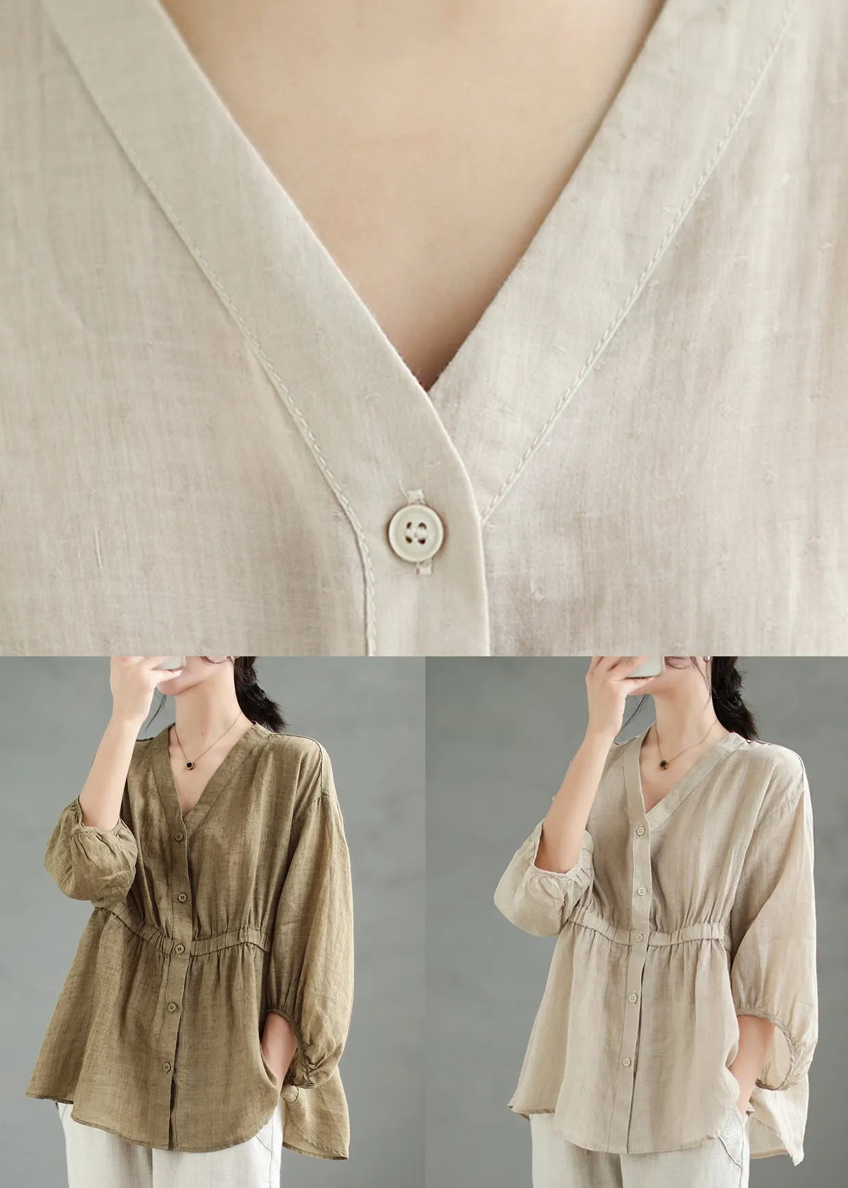 Beige Wrinkled Patchwork Linen Blouses V Neck Spring