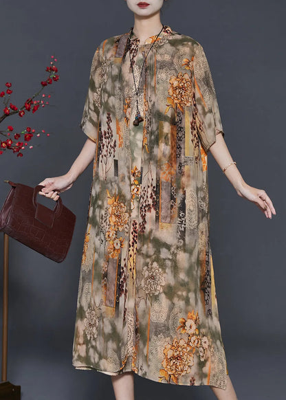 Khaki Stand Collar Print Chiffon Fake Two Piece Dress Summer