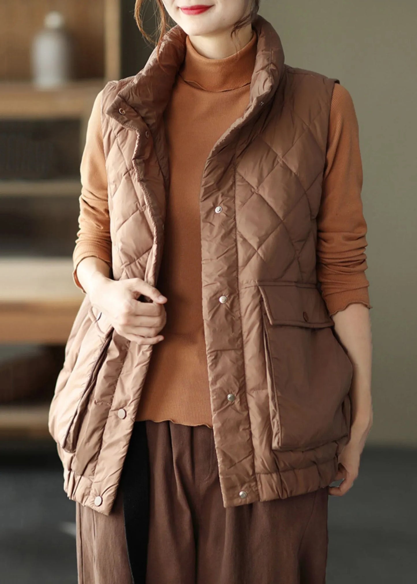 Coffee Stand Collar Pockets Patchwork Duck Down Waistcoat Sleeveless