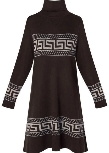 Chocolate Print Long a Line Dress Turtle Neck Long Sleeve