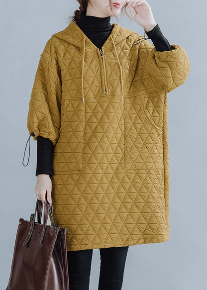 Yellow Hooded Drawstring Thick Mid Dress Long Sleeve