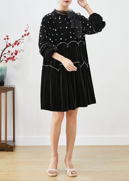 Black Ruffled Patchwork Nail Bead Silk Velour Maxi Dresses Fall