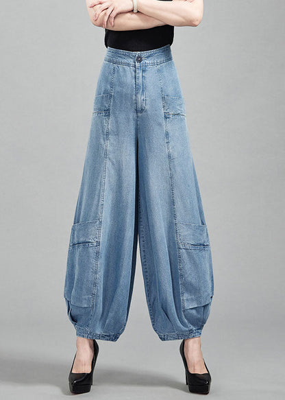 Light Blue High Waist Pockets Cotton Denim Lantern Pants Summer