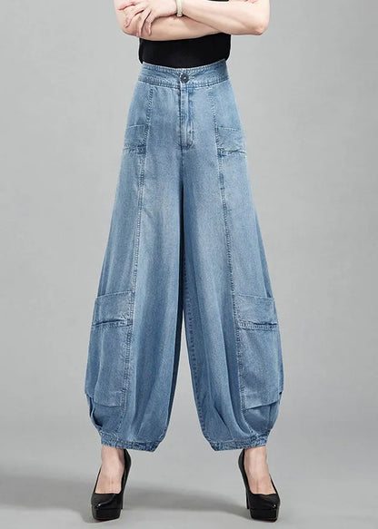 Light Blue High Waist Pockets Cotton Denim Lantern Pants Summer