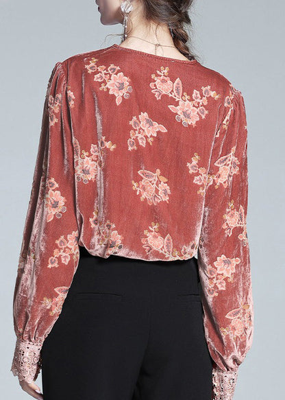 Red V Neck Print Lace Patchwork Silk Velour Top Spring