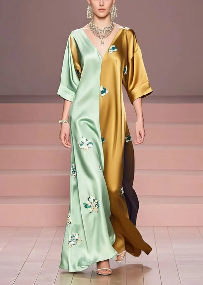 Colorblock Print Patchwork Silk Ankle Dress Summer